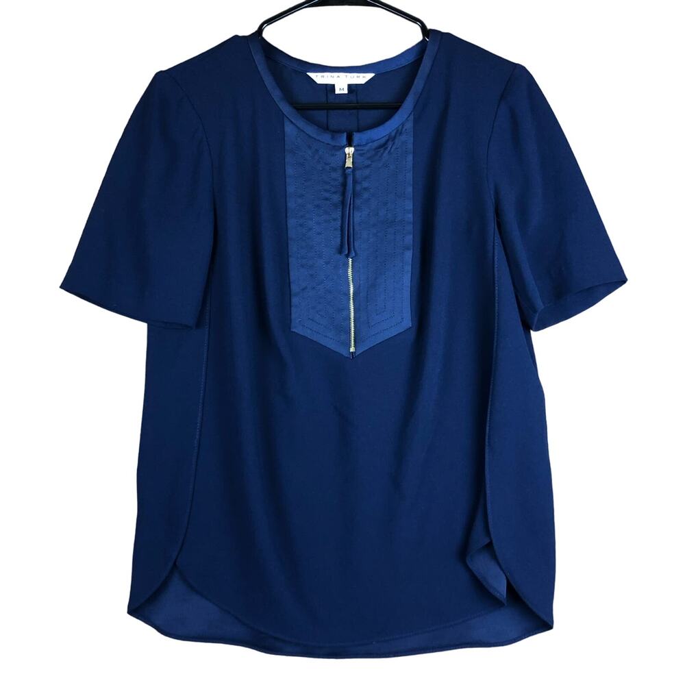 Trina Turk Womens Blouse Blue 1/2 Zip V Neck Short Sleeve 100% Polyester Medium